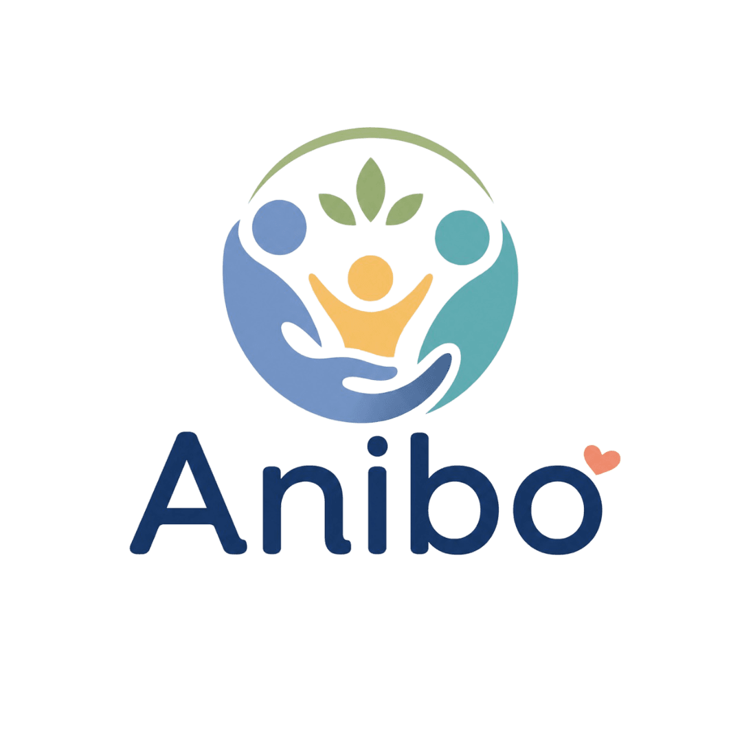 Anibo — twee beschermende figuren rond een kind met groeiende blaadjes